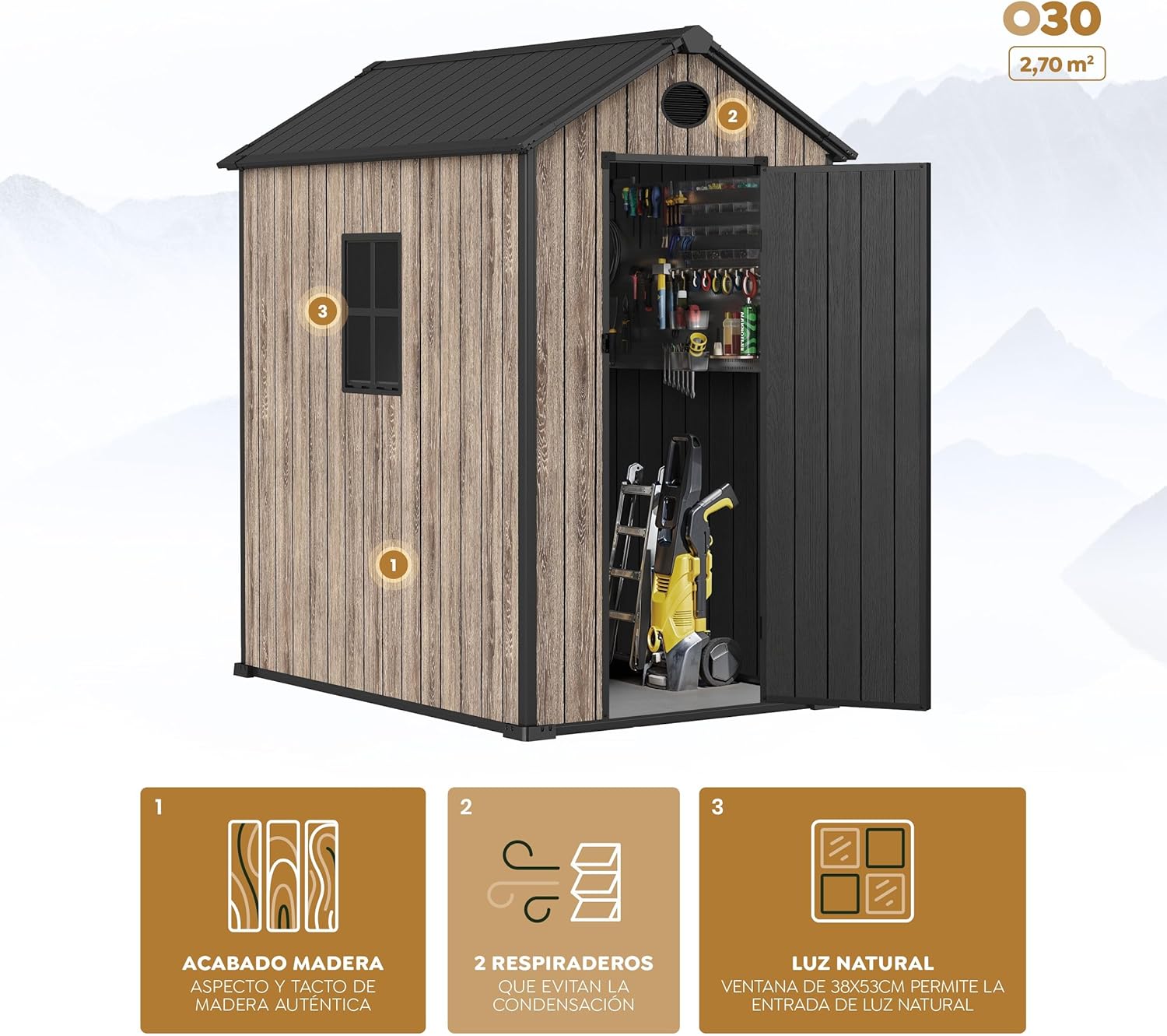 Hoggar Abri de jardin en résine 2,70 m² Oak O30 - Sol inclus - Fenêtre latérale - Effet bois premium - Protection UV et imperméable - Fermeture par goupille - Ventilations - Porte battante