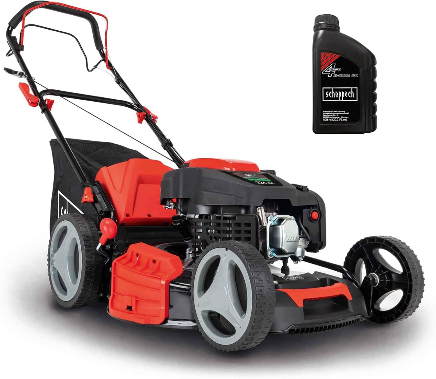 Scheppach Tondeuse à Gazon à Essence MS230-53 – Moteur 4 Temps 6 CV 4400 W – Largeur de Coupe 53 cm – Jardins de 1800 m² – Hauteur de Coupe réglable – Bac de 65 l – Fonction Mulching – Huile Incluse