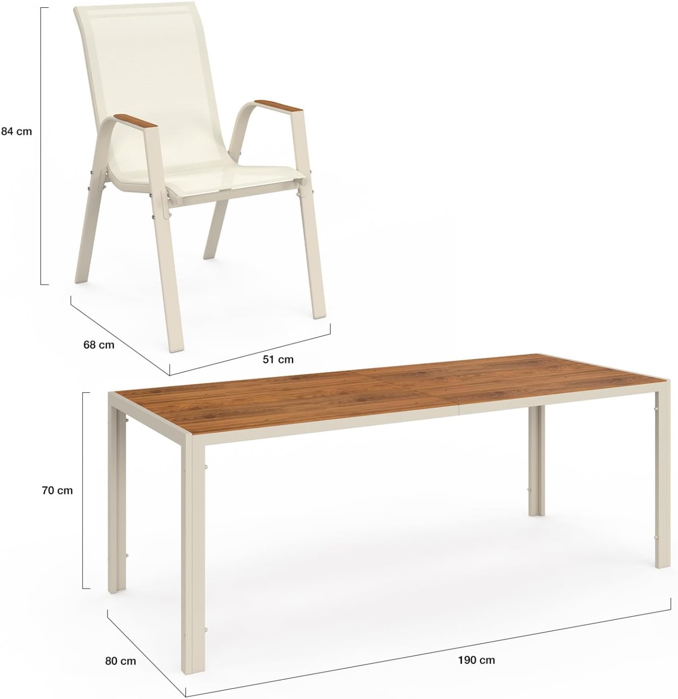 IDMarket - Noumea Salon jardin 190 cm verre-bois, 8 chaises empilables