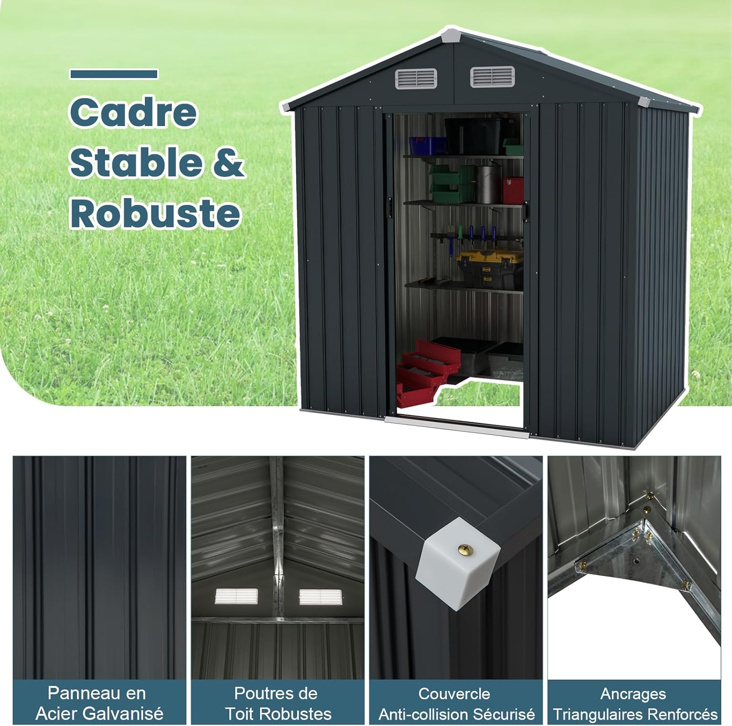 COSTWAY - Abri de Jardin métal 2,2㎡ - portes coulissantes, toit pente