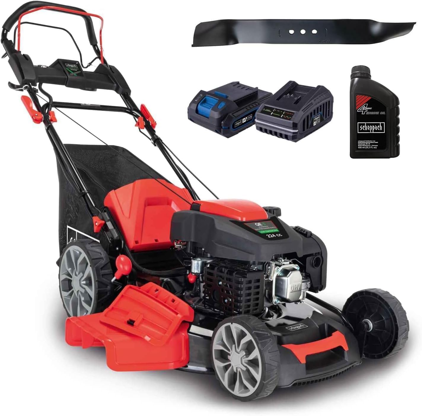 Scheppach Tondeuse à Gazon Hybride MS225-56E - Moteur à Essence 4 Temps de 6 CV - 224 cm³ - Largeur de Coupe 56 cm - Batterie + Chargeur Inclus (avec Huile Moteur + Lame supplémentaire)