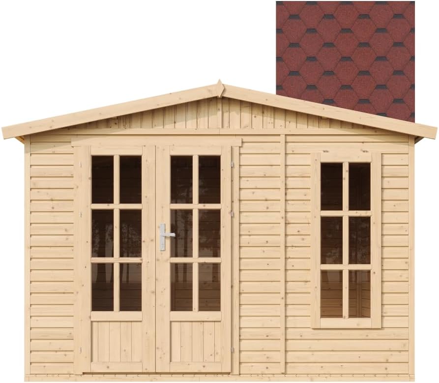 TIMBELA M334FB+H334FBRED Abri de Jardin en Bois 6 m² avec Sol, L332xP222xH232 cm – Chalet de Loisirs, Maison d'Été avec Bardeaux Bitumineux Rouges The Forest Stewardship Council
