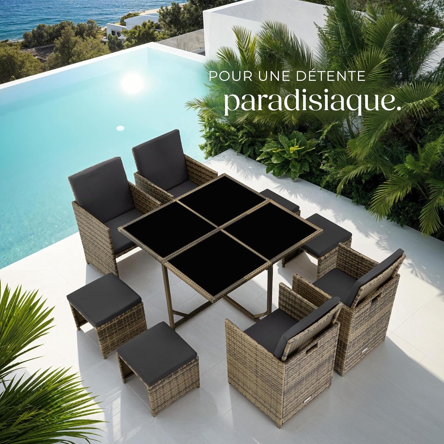tectake - Salon de jardin polyrotin, 4 chaises, 4 tabourets, table, housse, marron