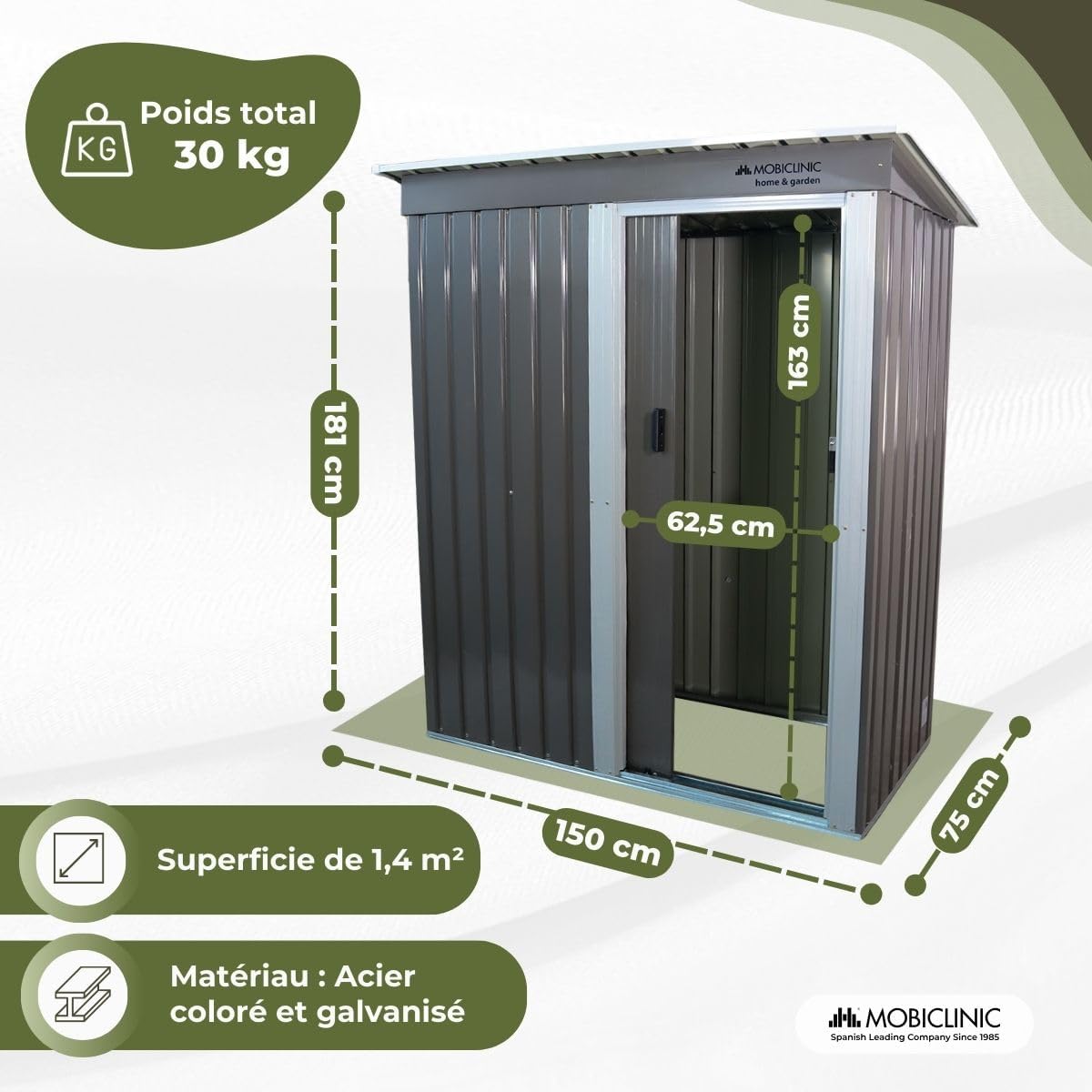 Mobiclinic - Nomi - 150x75x181 cm - abri jardin, porte coulissante, toit pentu, sécurisable, gris