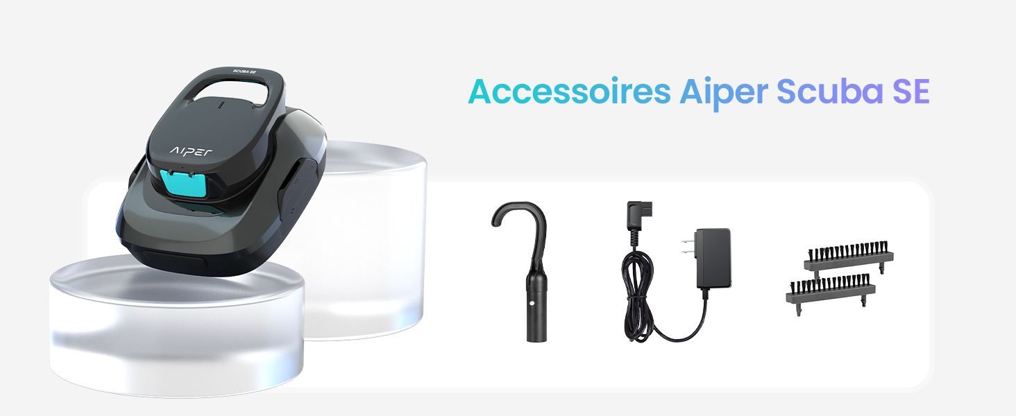 Le texte indique « Accessoires Alper Scuba SE ». Disposition du produit montrant la base de chargement et divers accessoires noirs, y compris l'adaptateur secteur et les câbles.
