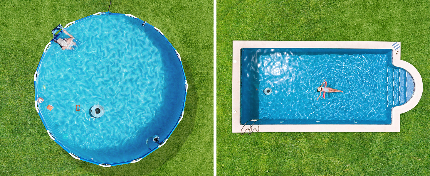 Vue aérienne de deux piscines bleues sur l'herbe verte. La piscine de gauche est circulaire avec une surface texturée ; la piscine de droite est rectangulaire avec une bordure blanche et des marques de voie.