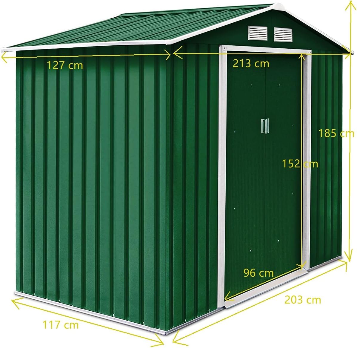 GIANTEX Abri de Jardin 2,7 m² en Métal, Abri à Outils avec Porte Coulissante & Fondation Solide, Remise à Outils Extérieur, 213 x 127 x 185 cm, Vert
