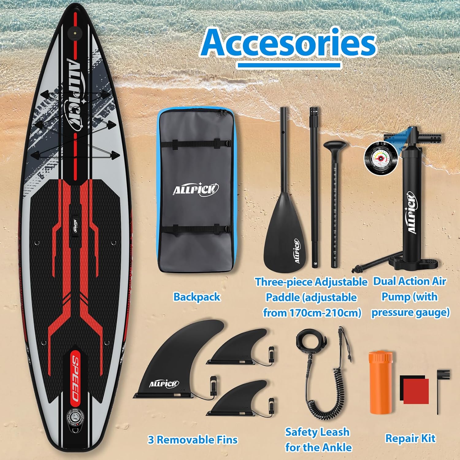 ALLPICK - Paddle gonflable 320 cm - caméra, pagaie, 200 kg