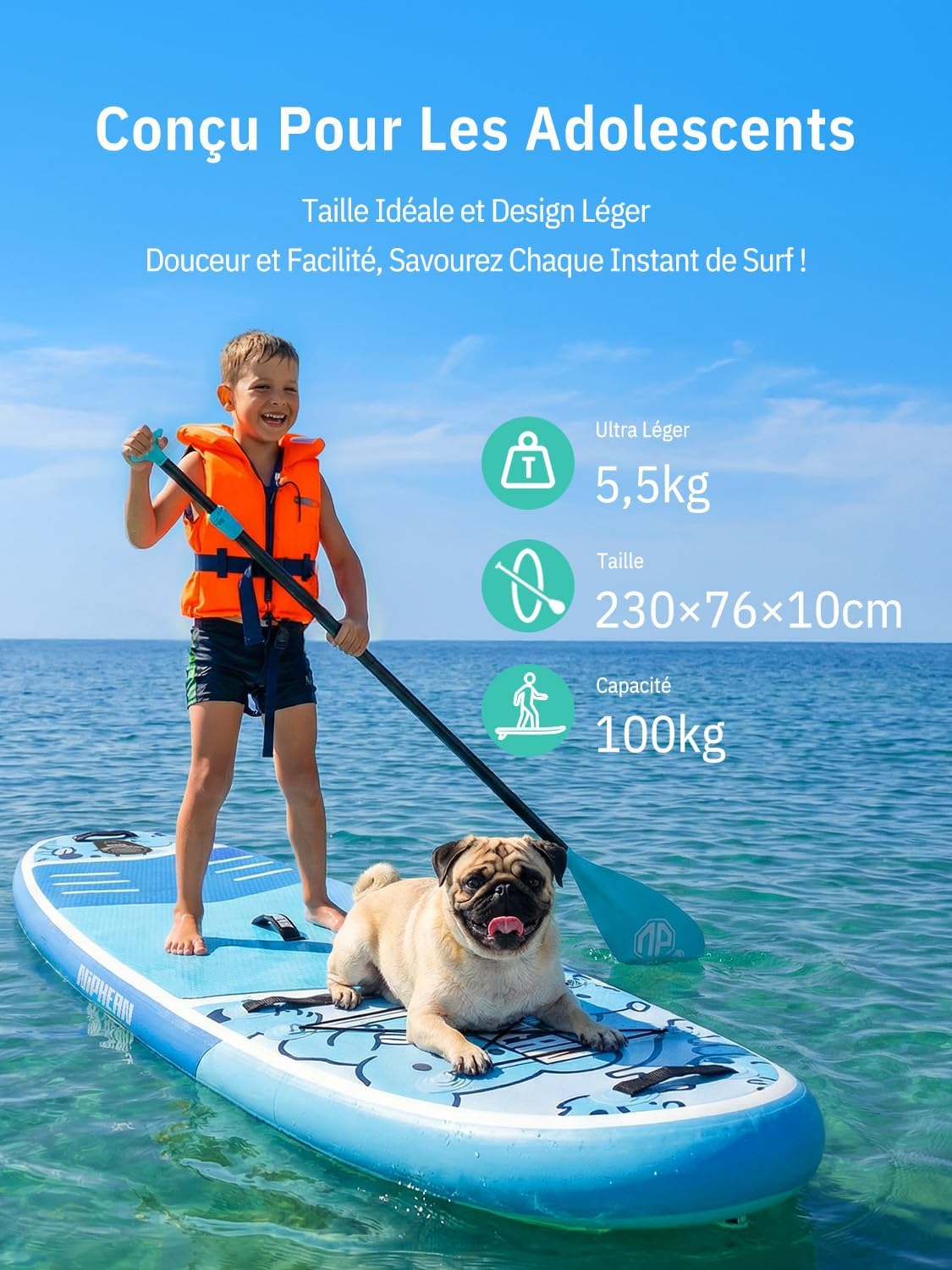 Niphean Extra Large Paddle Gonflable, Sup à 2+1 Personnes/Famille, Planches de Stand Up Paddle Gonflables avec (Idéal Débutant) Aileron Équilibré, Housse Étanche, Paddle Gonflable Adulte, Cadeaux