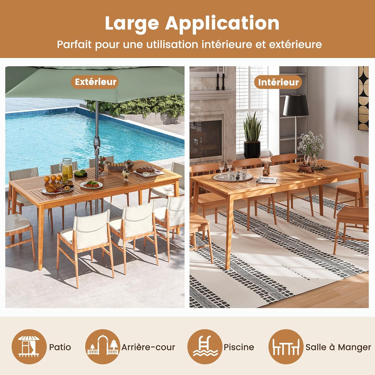 GOPLUS - table repas extérieur Acacia FSC 90x200cm, 8 places, trou parasol, charge 160kg