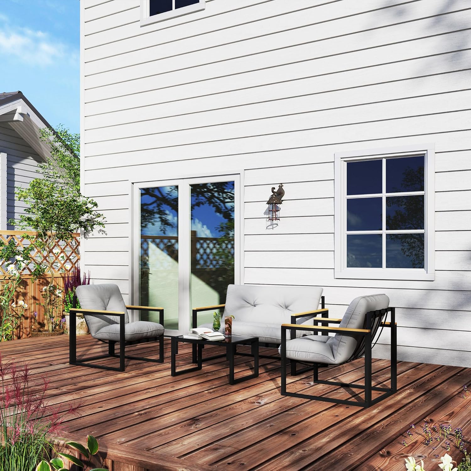 Outsunny - Salon de jardin 4 places - canapé, 2 fauteuils, table en verre, coussins inclus, gris