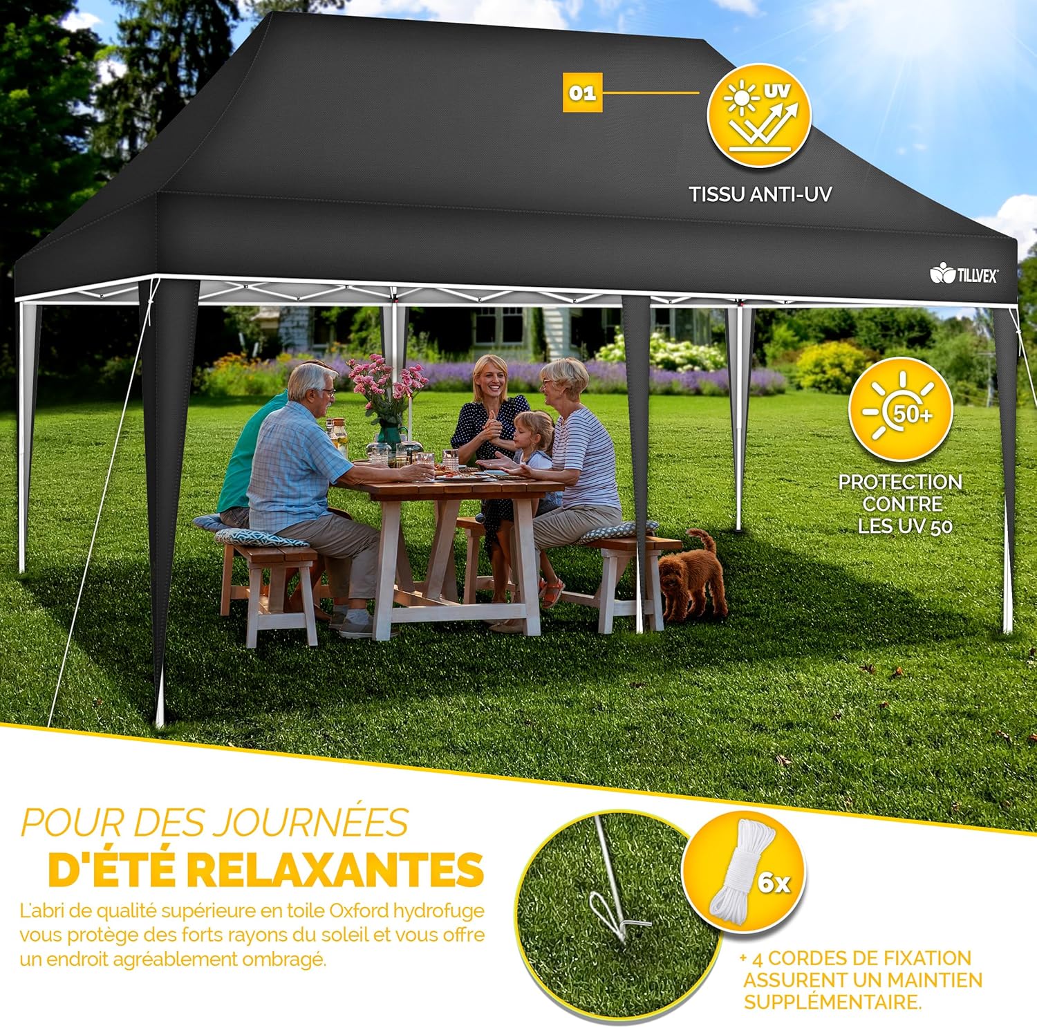Tillvex - Tonnelle Pop-up 3x6m - étanche, UV50+, réglable, sac inclus