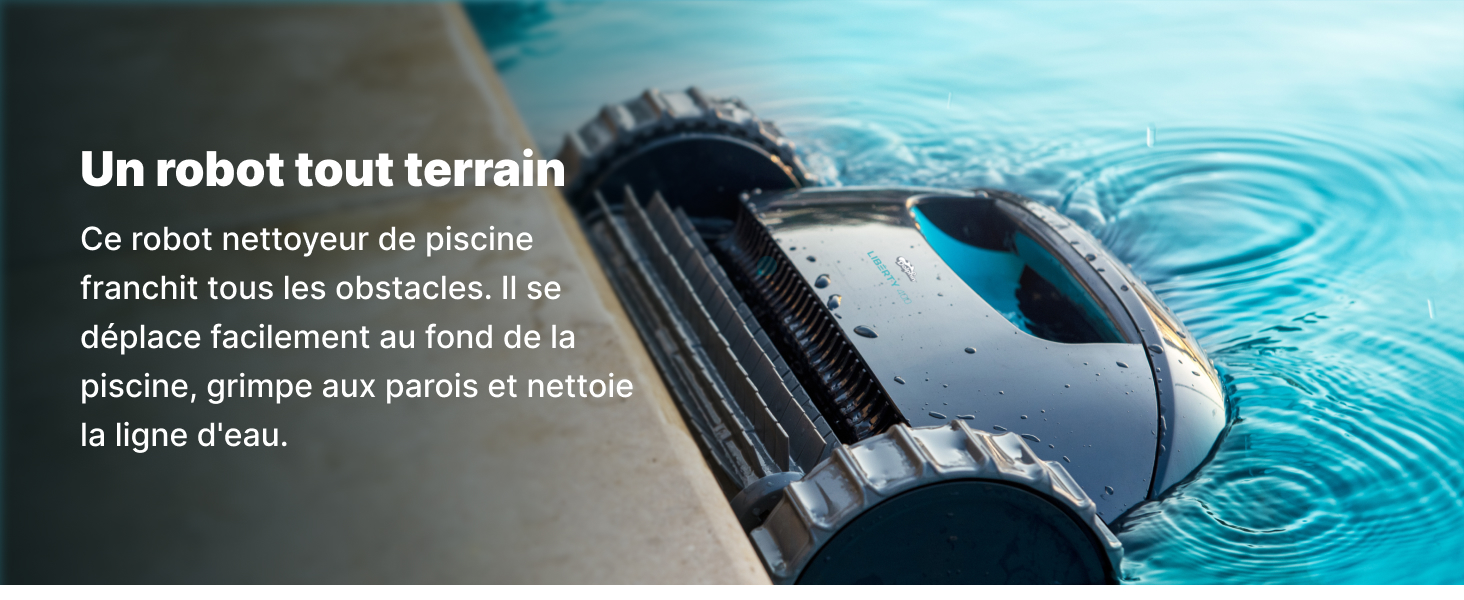 Le texte se lit comme suit : « Un robot tout terrain ». Robot de nettoyage de piscine représenté sous l'eau, se déplaçant sur la surface de la piscine pour nettoyer les carreaux.
