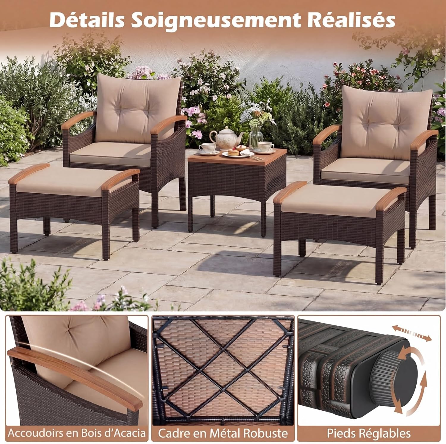 Salon de Jardin COSTWAY - 5 pièces en Rotin Jaune Terre - 2 fauteuils, 2 ottomans, table acacia, coussins amovibles - 14