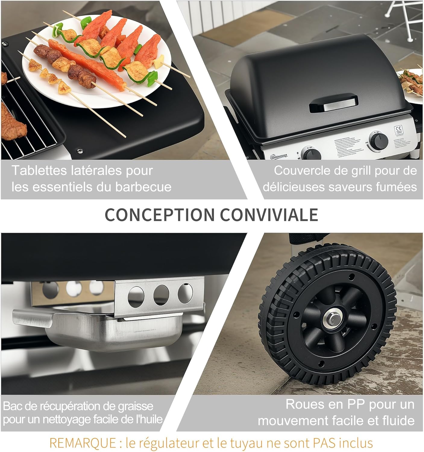 Outsunny - Barbecue gaz 2 brûleurs inox, 2 grilles, 2,8kW, 2 étagères, 2 roues, noir