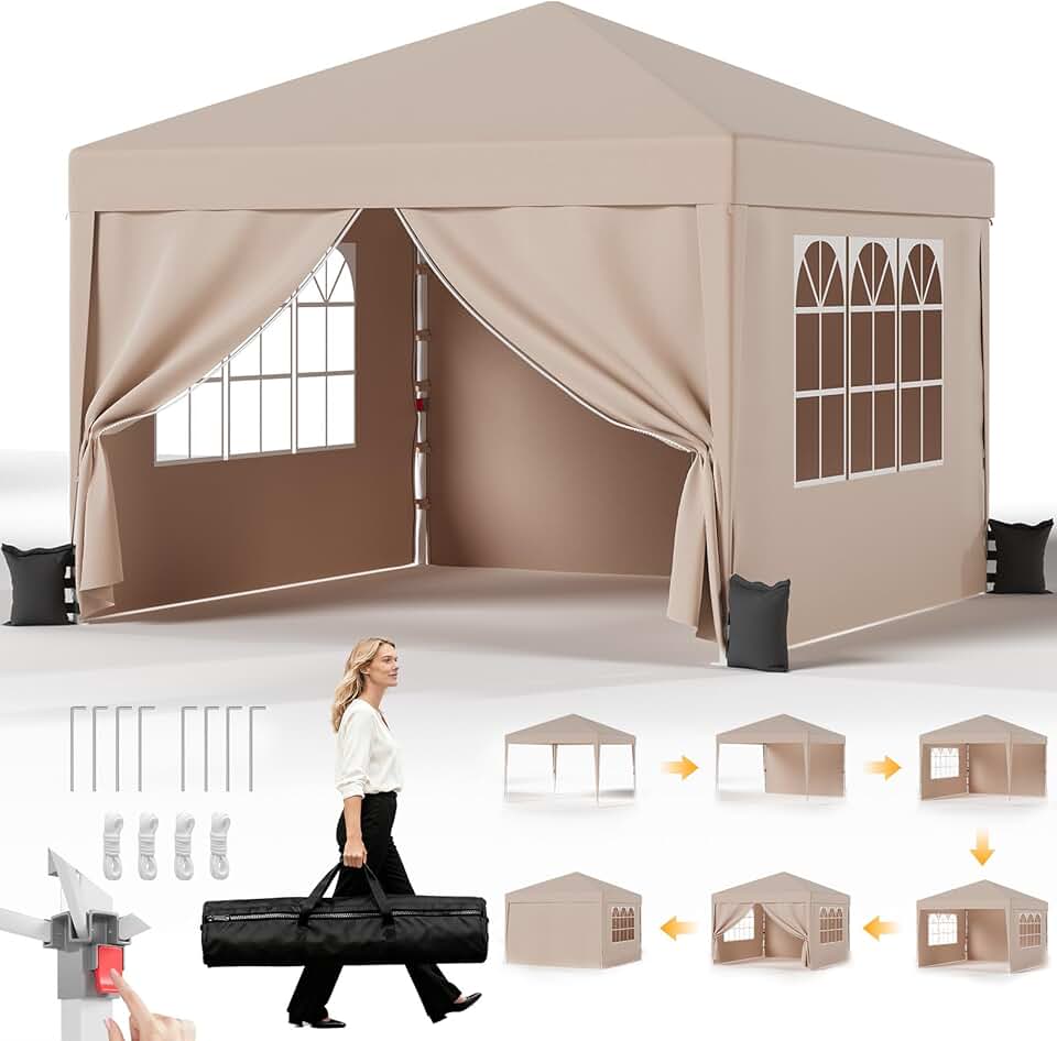 JUMMICO Tonnelle Pliante 3x3 imperméable, Hauteur Réglable, Toile Épaisse avec Fermeture Velcro, Structure Robuste, Protection Anti-UV, Idéale pour Camping, Jardin et Plus Encore, Beige