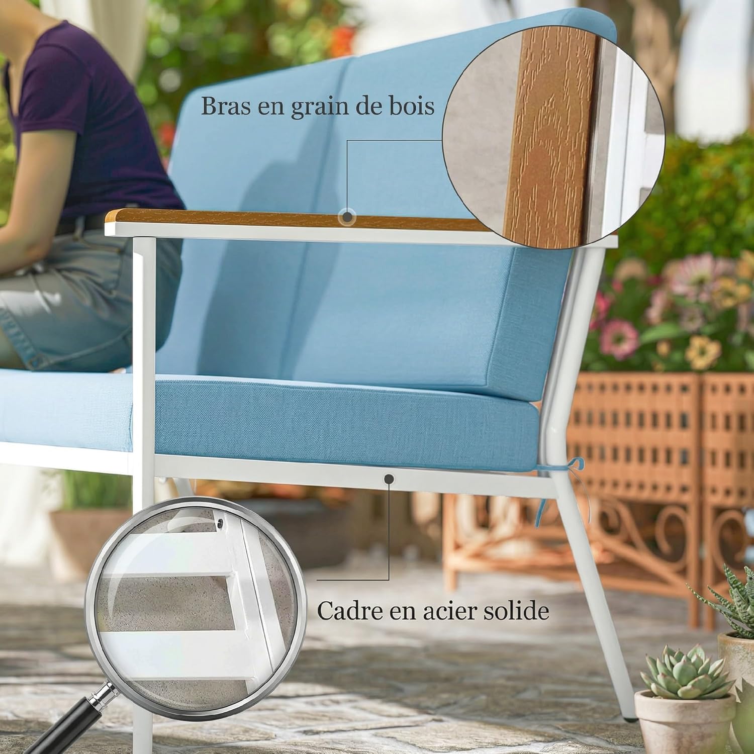 Outsunny - Salon de jardin 5 pièces, canapé 4 places, tables verre trempé, coussins inclus, bleu clair