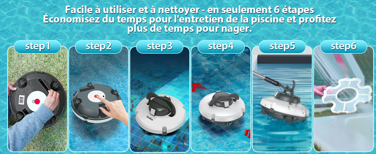 Image pédagogique en six étapes pour un robot nettoyeur de piscine. Montre l'installation, le fonctionnement dans l'eau de la piscine et le retrait de l'appareil. Le texte en français décrit la facilité d'utilisation et les avantages de l'entretien de la piscine en termes de gain