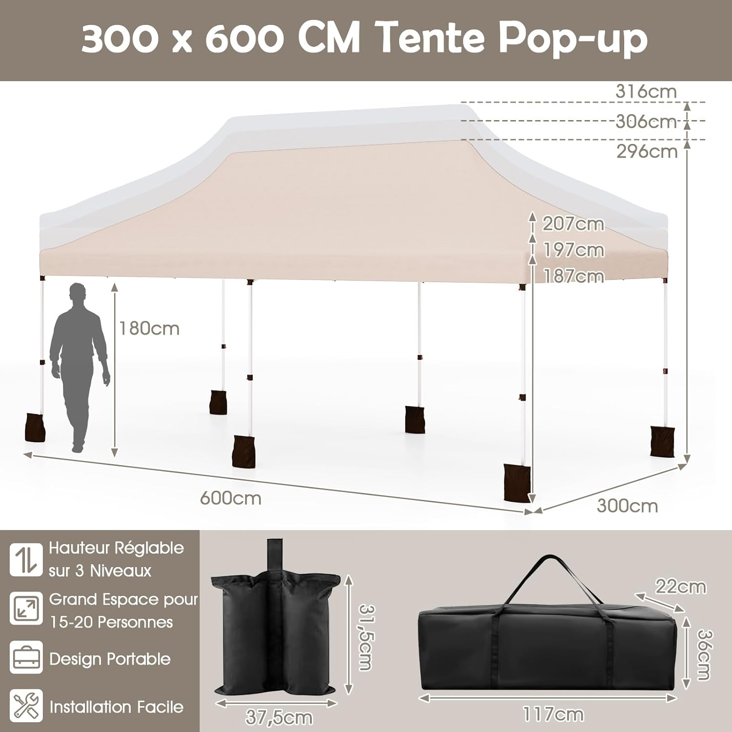 GOPLUS - barnum pliant série jardin - 3x6m - imperméable, sac transport
