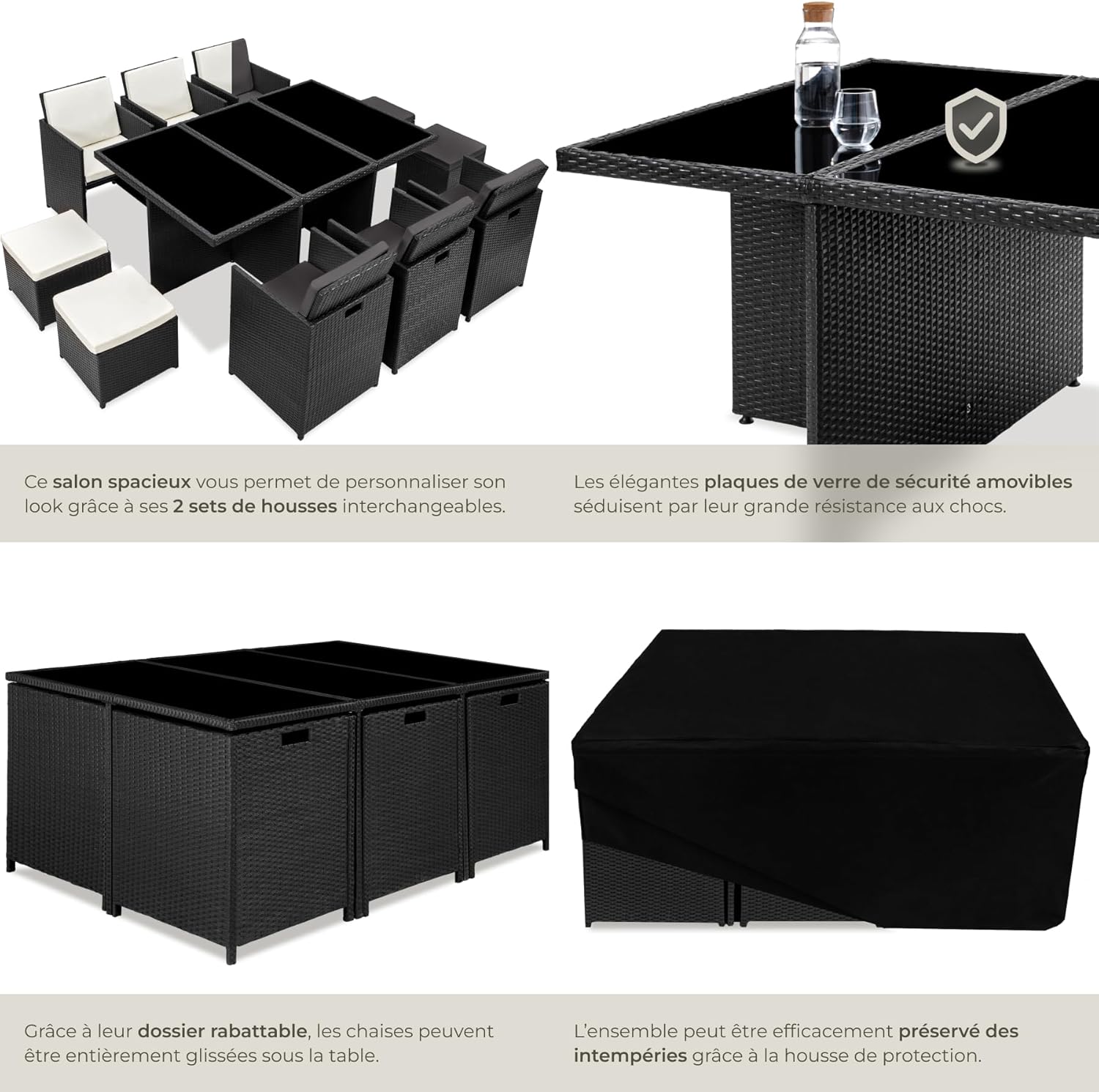 tectake - Salon de jardin Poly Rotin 10 personnes aluminium 2 housses, dimensions généreuses, noir