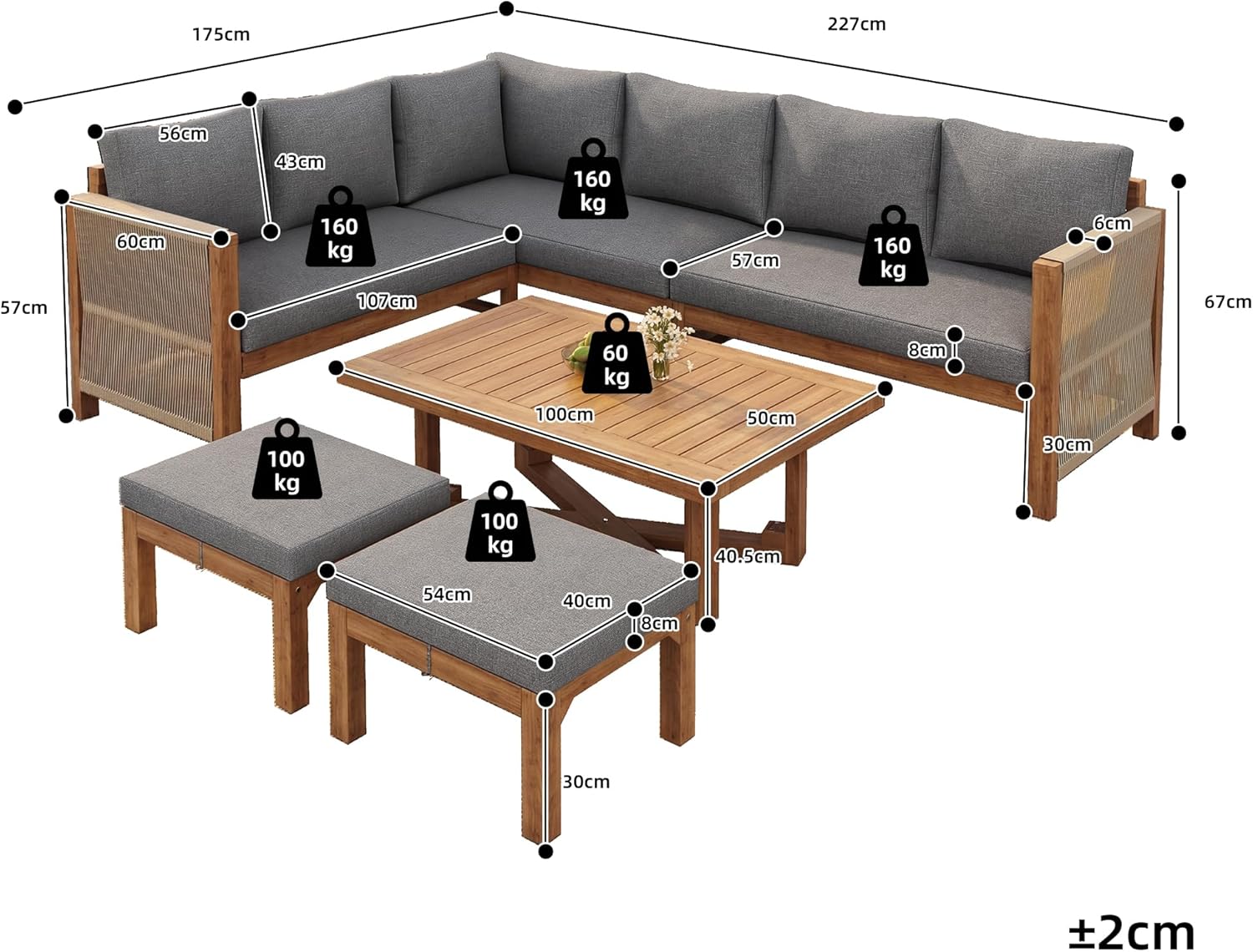 Sapgaks - Salon de Jardin E-Gris - 6 places modulable bois acacia, coussins, table et 2 tabourets