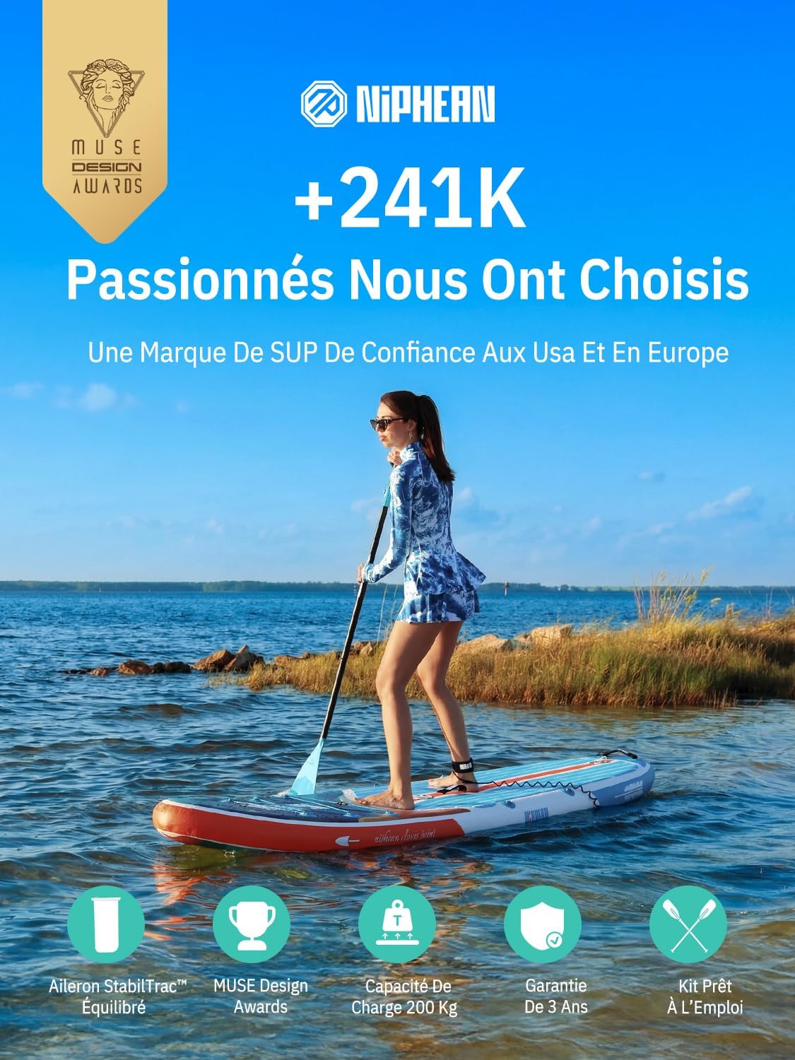Niphean Paddle Gonflable Adulte avec Tous Les Accessoires, 320cm Planches de Stand Up Paddle Gonflables pour Tous Les Niveaux, Sup avec Capacité 200 kg pour 2 Personnes, Paddle Gonflable avec Siège