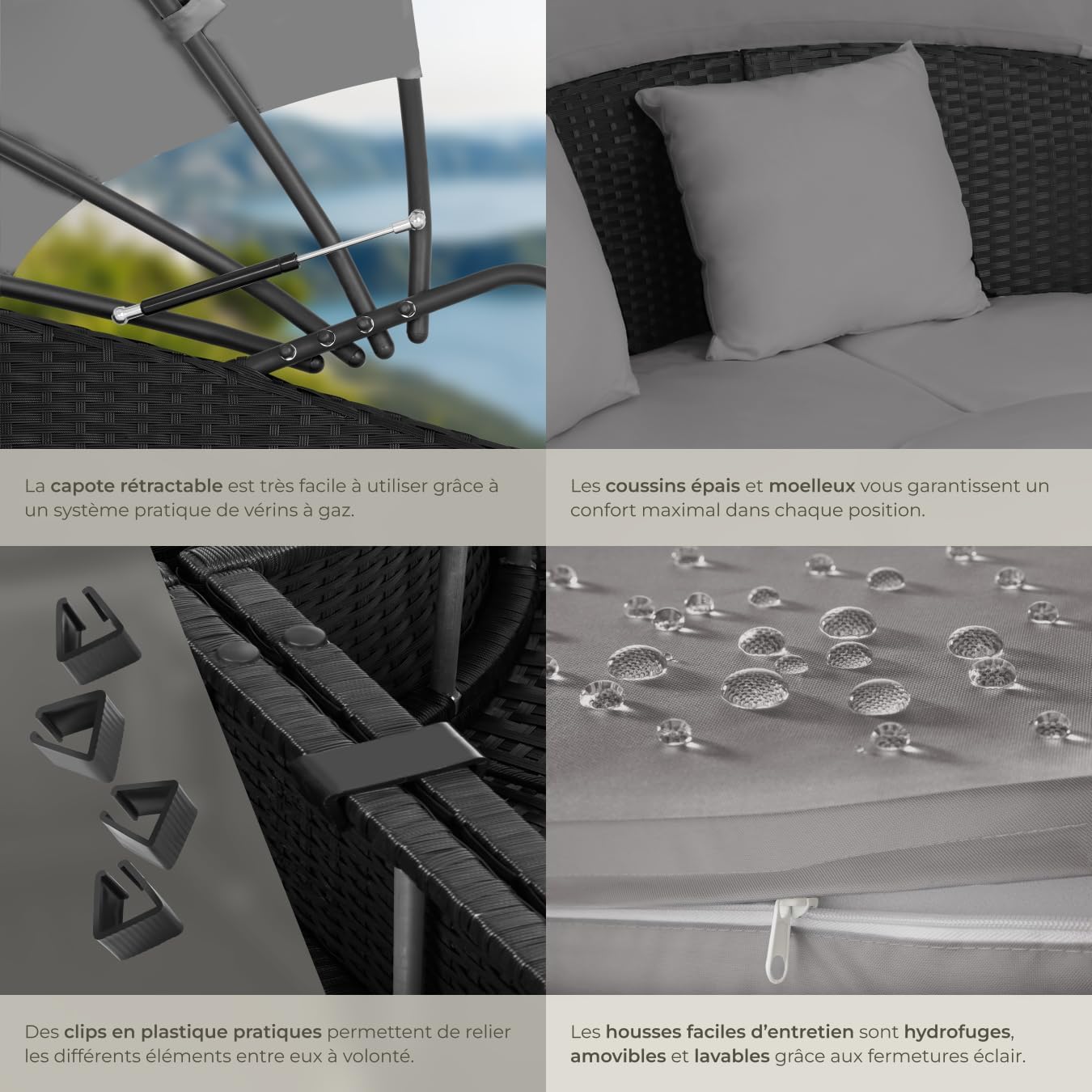 tectake - Bain de soleil modulable résine tressée, coussins, pare-soleil, dimensions relax pour jardin terrasse