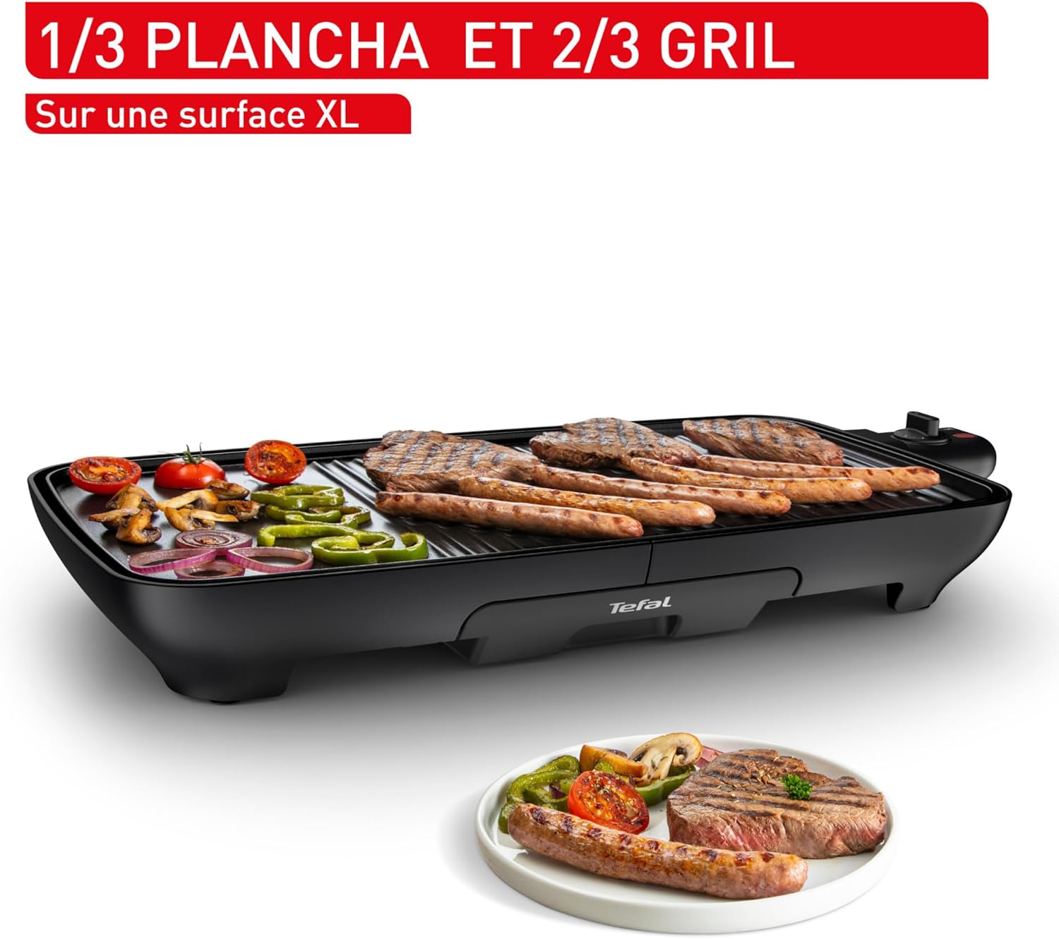 Tefal - Plancha Grill Malaga - grande capacité - 2000W, 1/3 plancha, 2/3 gril, antiadhésif, lave-vaisselle - TG391812
