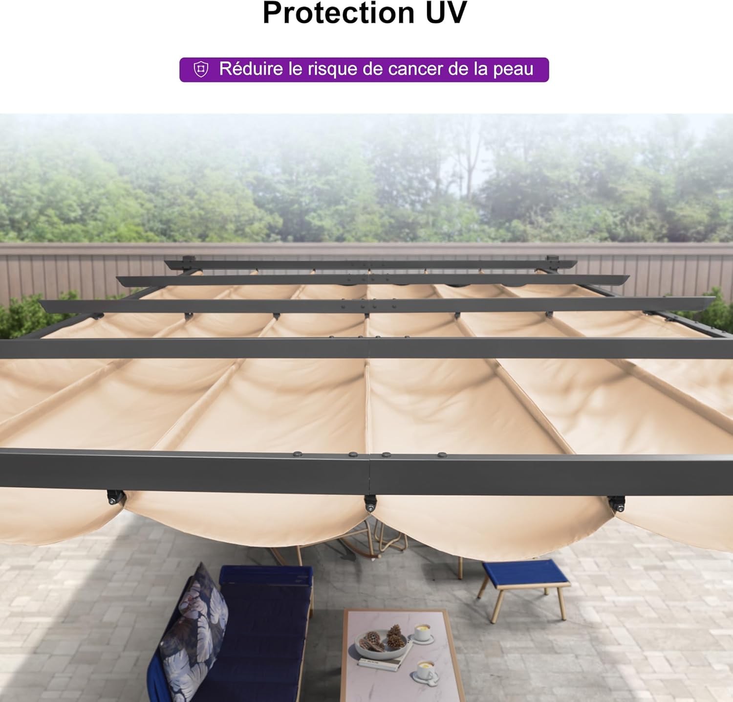 PURPLE LEAF - Pergola Aluminium - 4x3m - Toit coulissant, tissu kaki