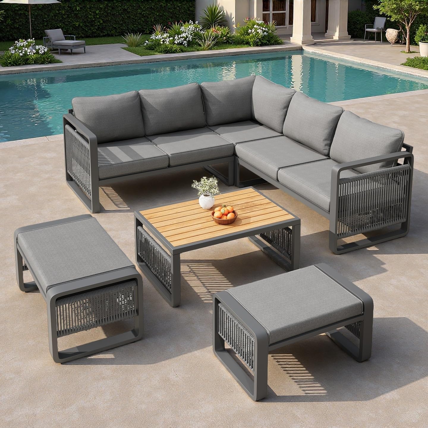 Sapgaks - Ensemble salon jardin corde 6-7 pers, coussins moelleux, pieds réglables, gris