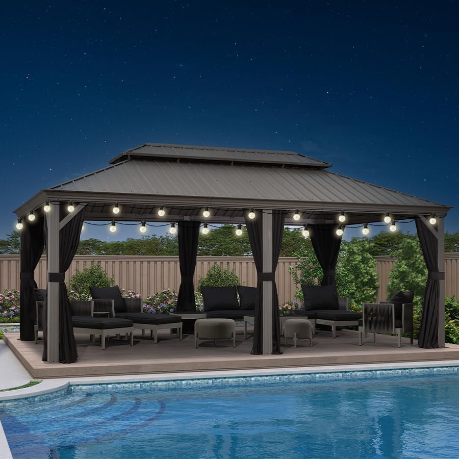PURPLE LEAF - Pergola double toit aluminium 3,65x6m rideaux LED, Gris -