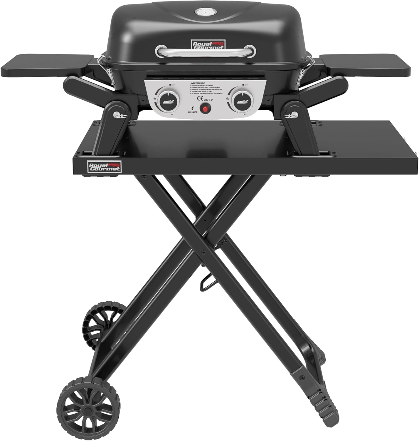 Royal Gourmet - barbecue gaz portable - 48x37 cm - 2 brûleurs, tables pliantes, chariot détachable, 5kW