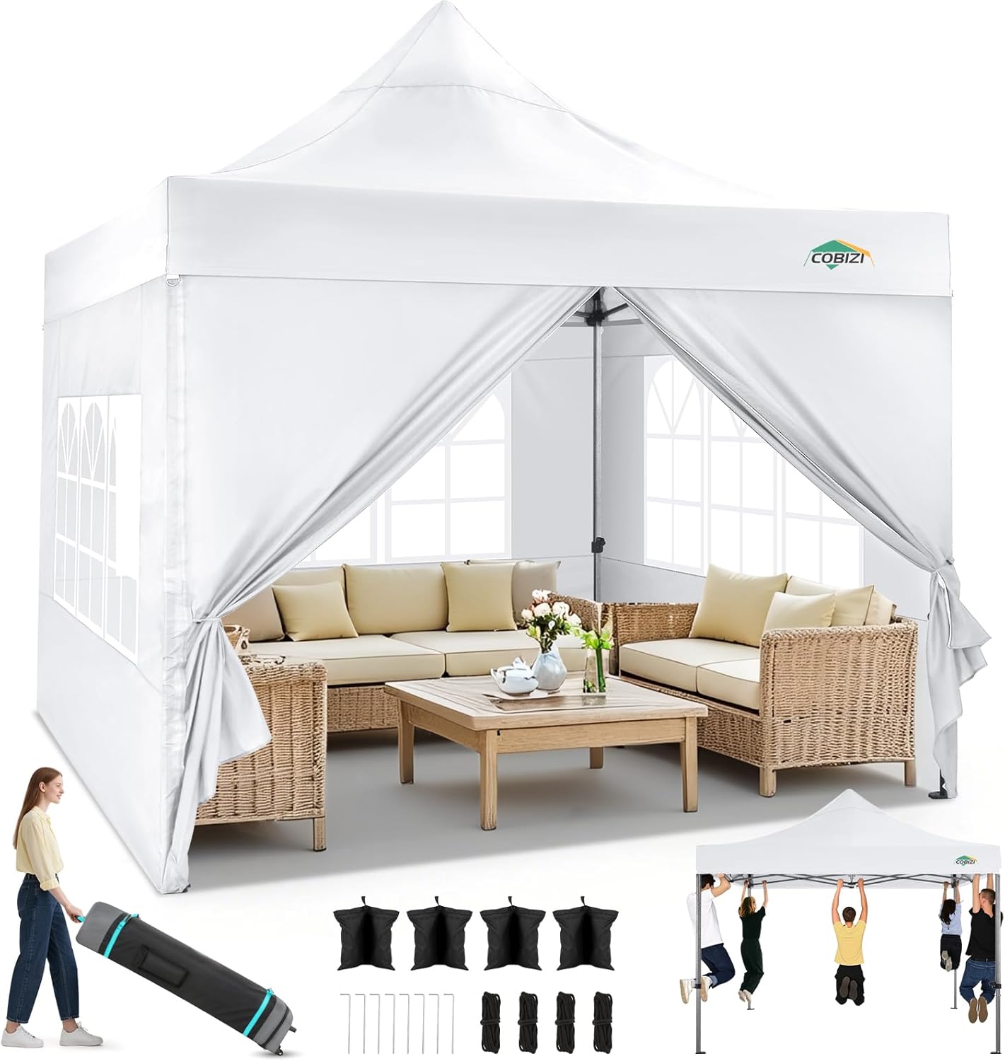 COBIZI - Tonnelle pliante série extérieure - 3x3m - étanche, stable, UV50+, 3 hauteurs, 4 panneaux, sacs de sable