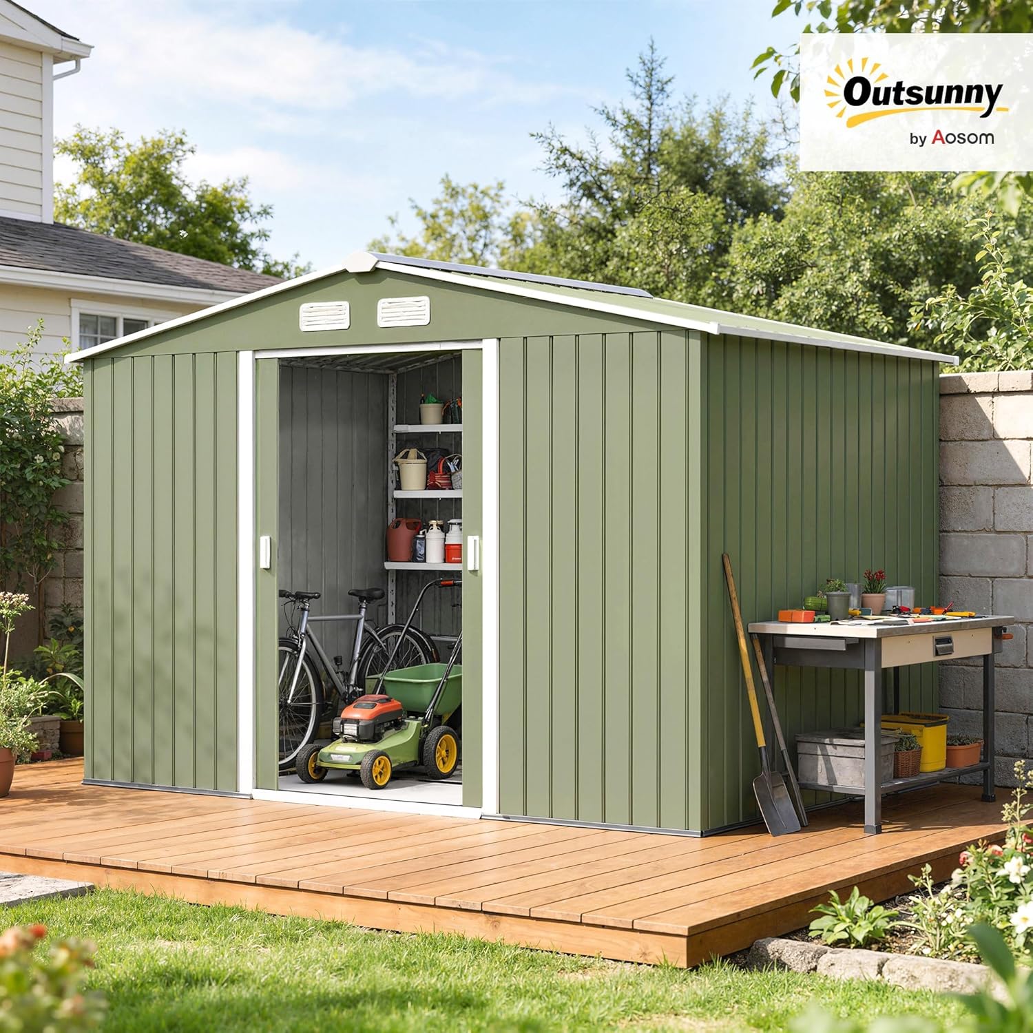 Outsunny - abri de jardin XXL - 277x195x192 cm - acier, portes coulissantes, 4 aérations, fondation