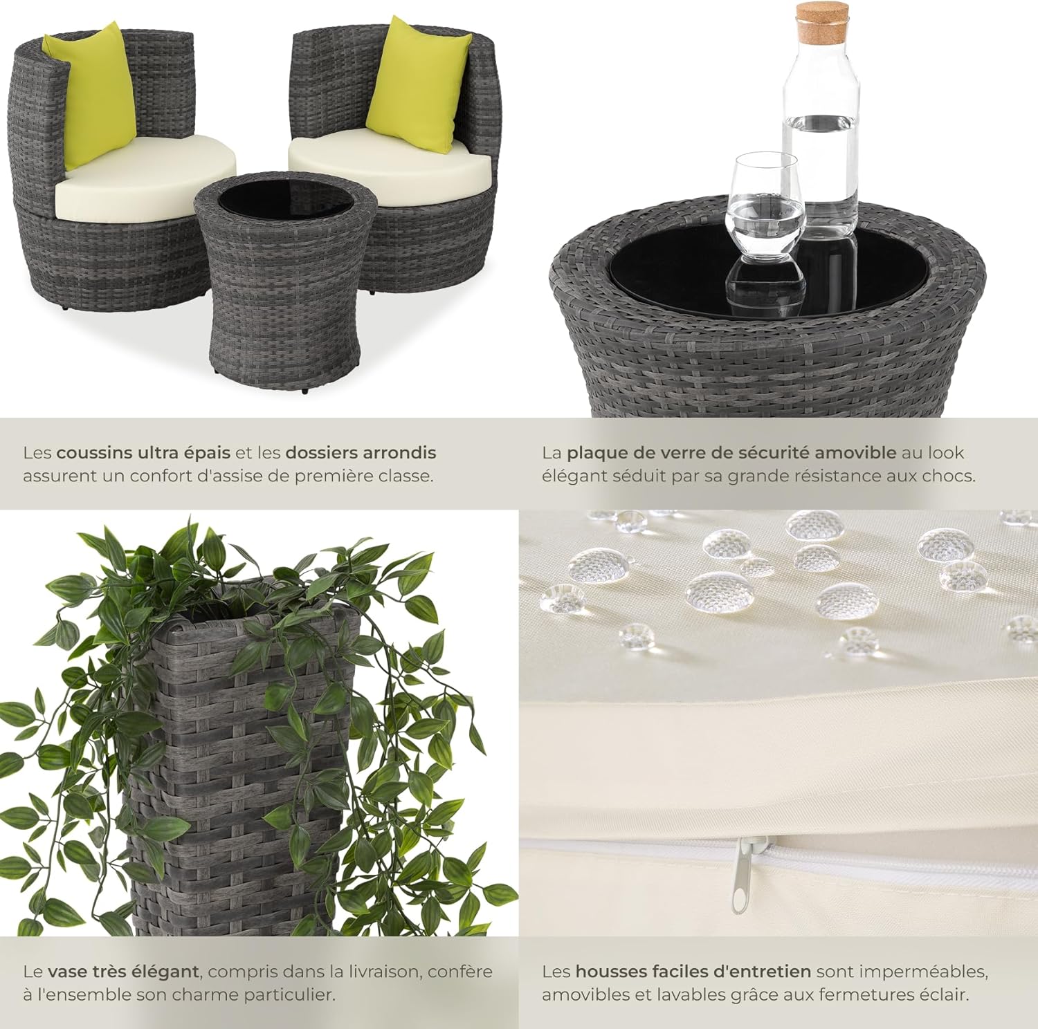 tectake - Salon de jardin encastrable 2 places - Aluminium, polyrotin, coussins et pot de fleur - Idéal balcon terrasse