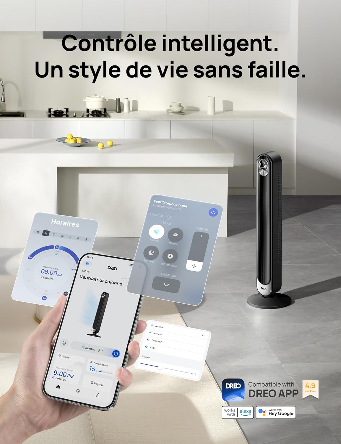 Dreo - Ventilateur colonne Alexa série - 106 cm - 9 vitesses, 4 modes, oscillation 90°, minuterie 12h