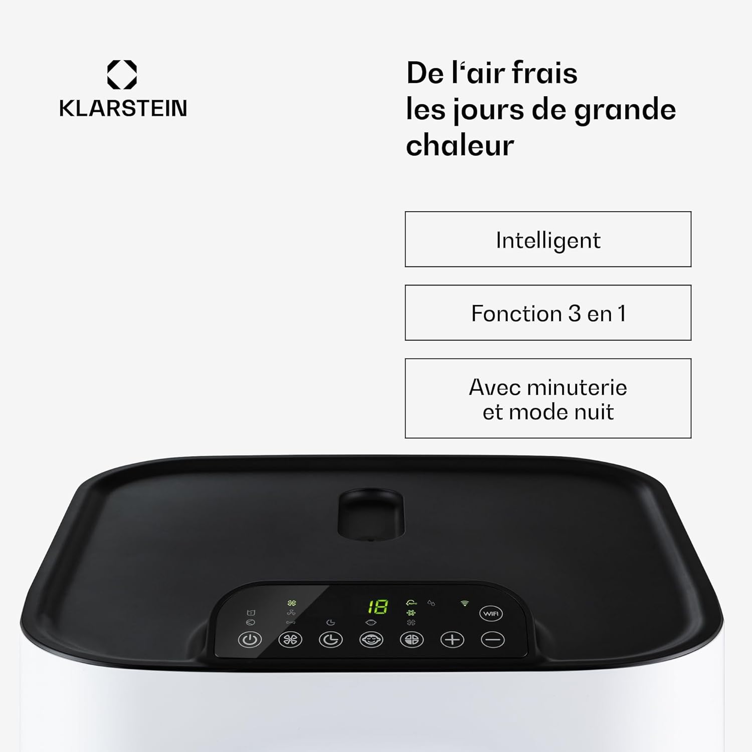 Klarstein Kraftwerk Eco Smart 11 Climatiseur Mobile - 11,500 BTU, 35-59 m², WiFi & App Control, 3-en-1 Refroidissement, Ventilateur & Déshumidificateur, Silencieux 50 dB, Classe A+, Blanc
