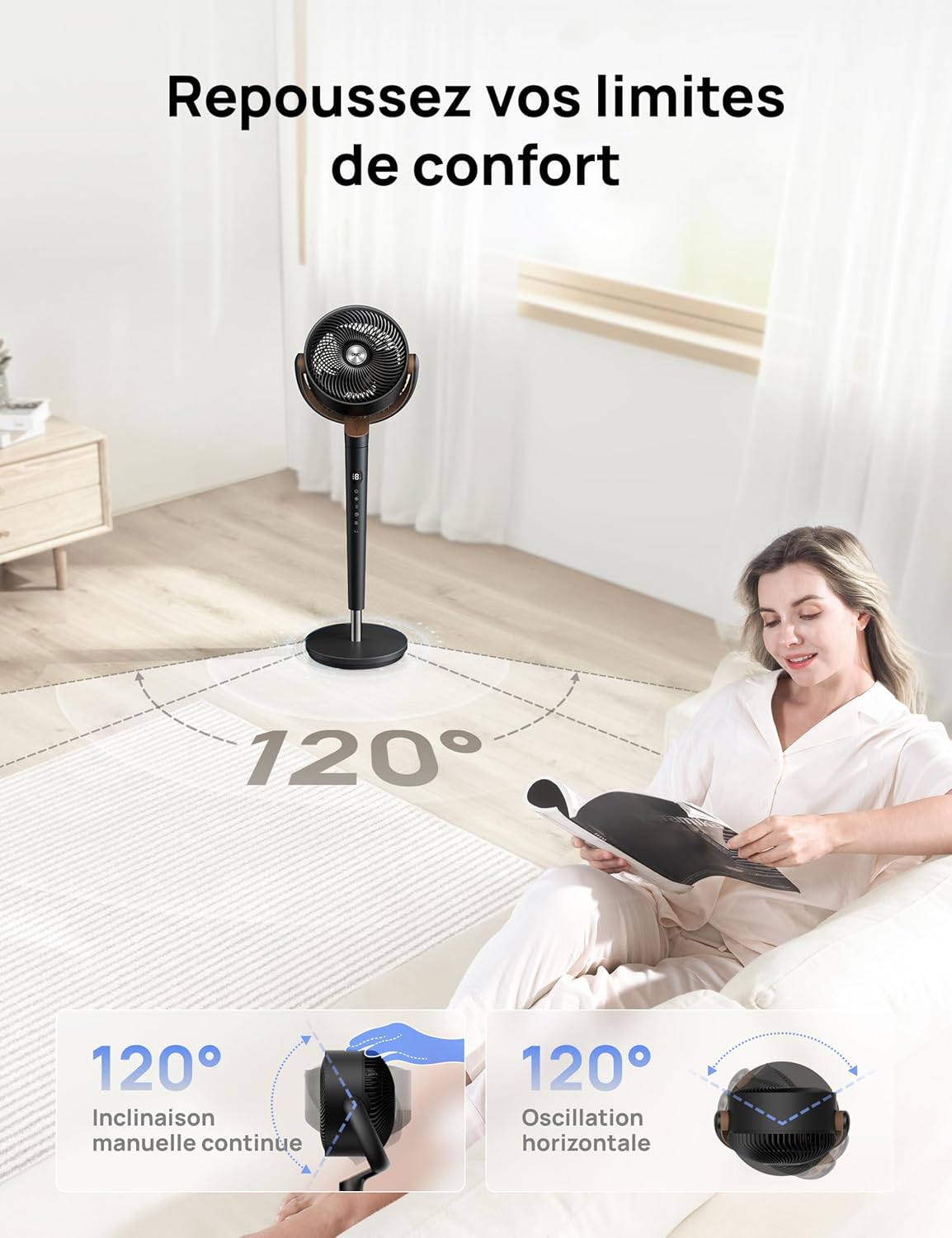DREO - ventilateur sur pied série DC - 120° oscillation, 9 vitesses, ultra silencieux, portée 30 m