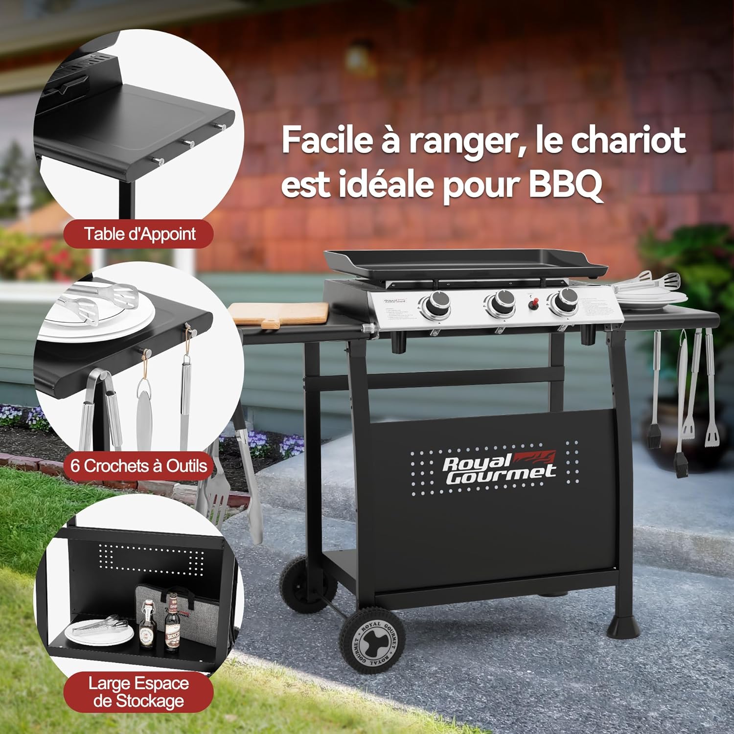 Royal Gourmet - Plancha sur chariot 62x35,5cm - 3 brûleurs puissants 7,5kW
