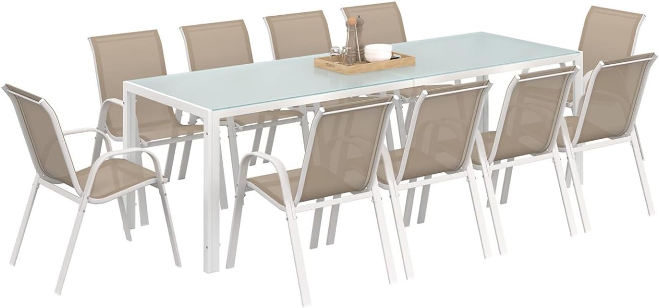 IDMarket - Madrid salon de jardin 240 cm table + 10 chaises blanc/beige