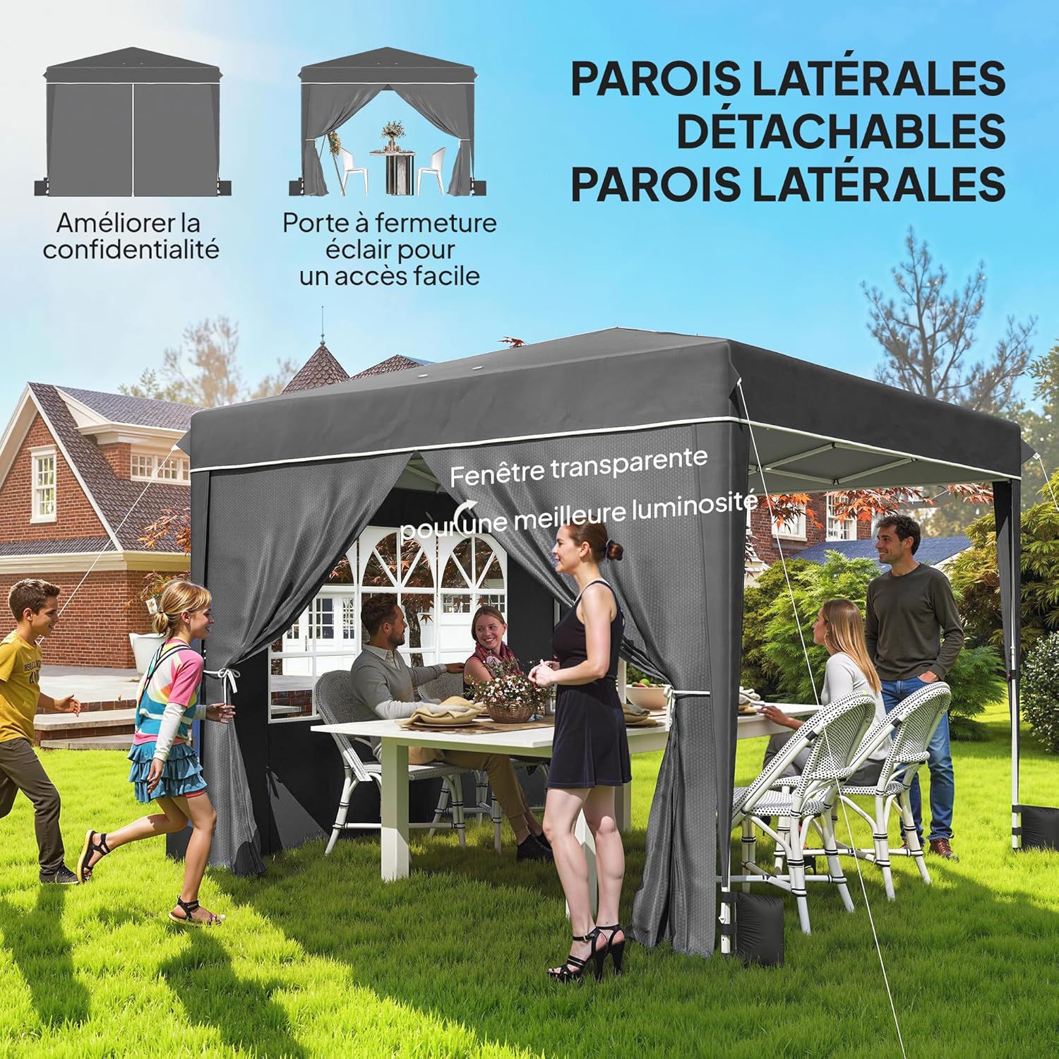 Outsunny - tonnelle pliante série jardin - 3x3m - parois latérales, UV 50+, hauteur réglable, fenêtre et porte