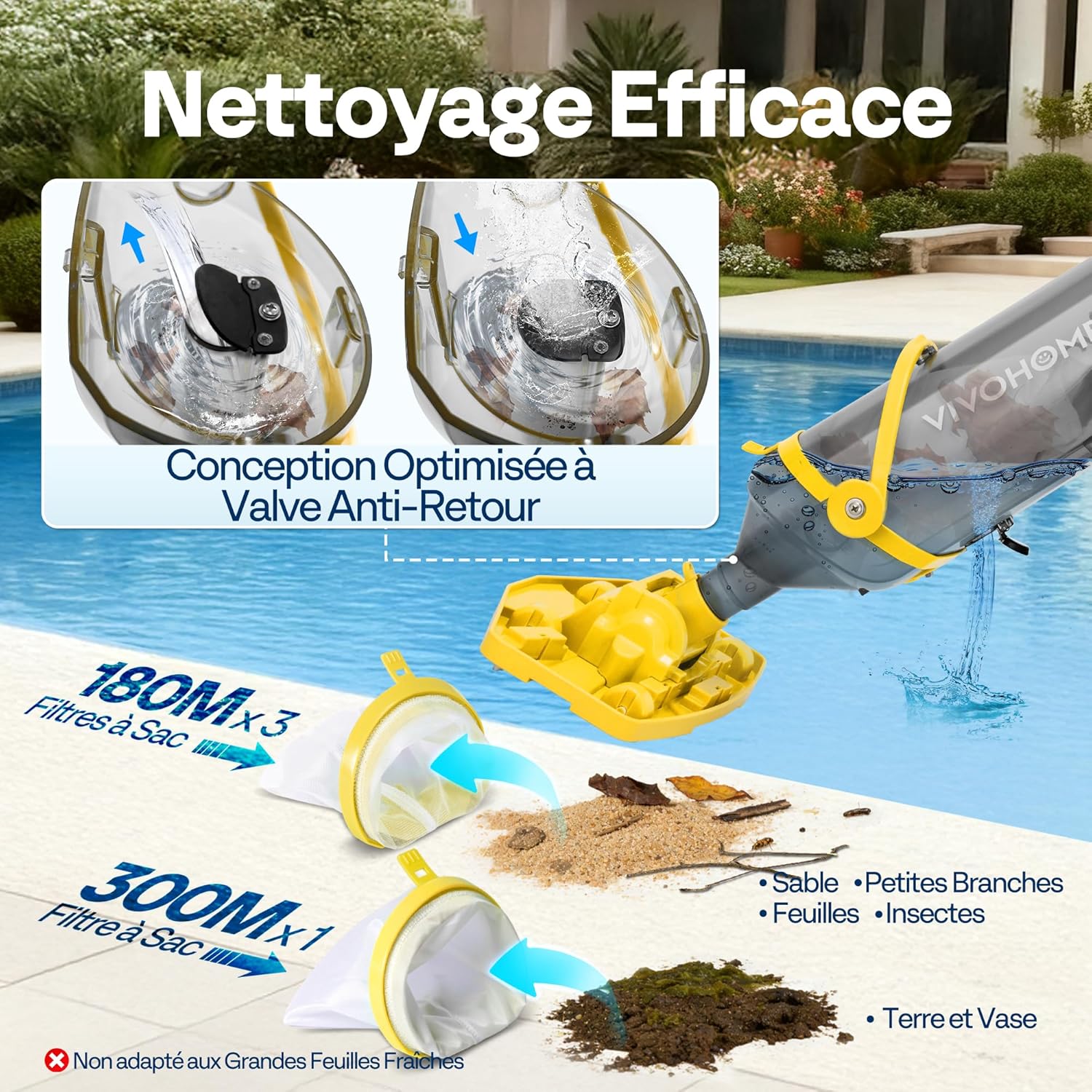VIVOHOME Aspirateur de Piscine sans Fil avec Batterie et Perche Télescopique 213cm, Nettoyeur de Fond de Piscine Portable, Aspiration 70LPM pour Piscine Hors-Solet et Enterrée, Spa