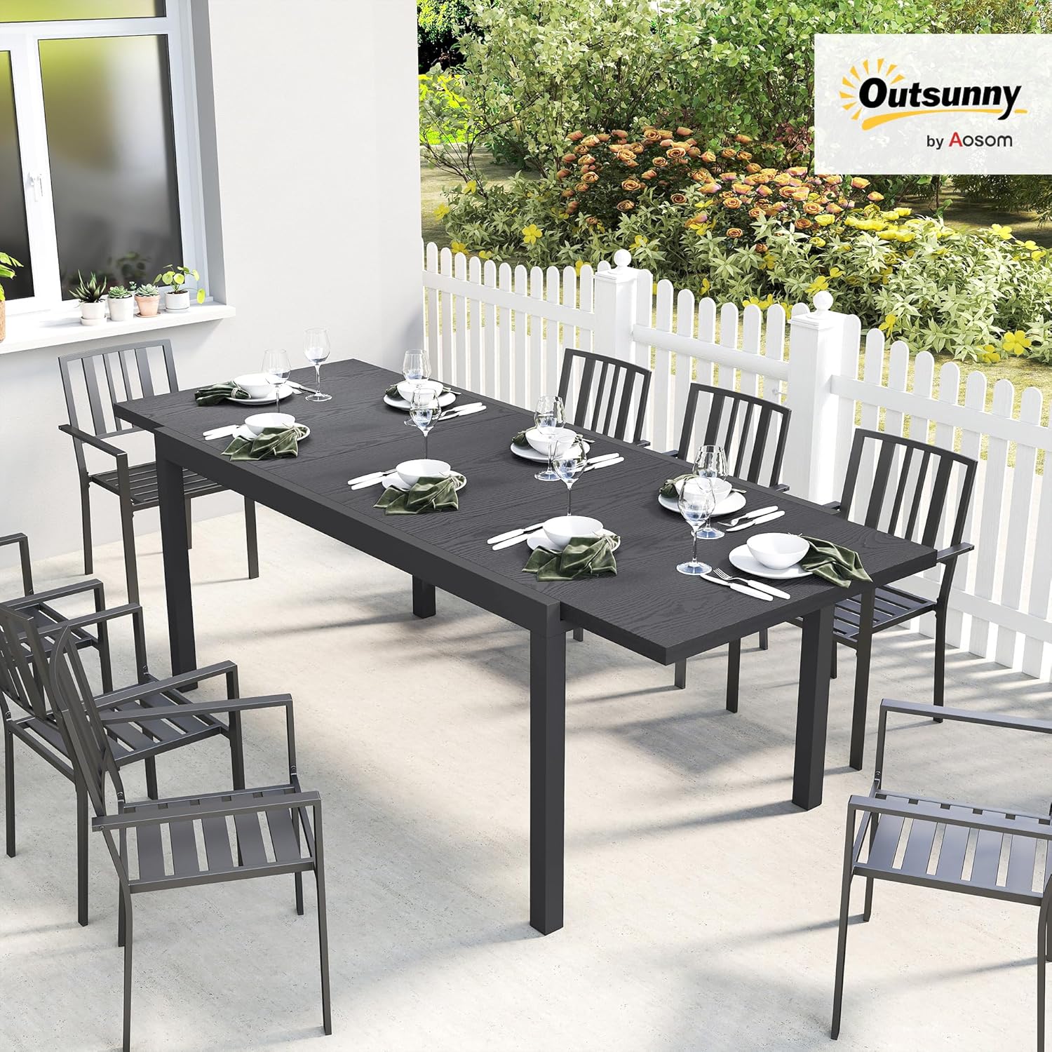 Outsunny - Table Extensible - 154-214 cm - Aluminium bois, pieds réglables, 8-10 pers.