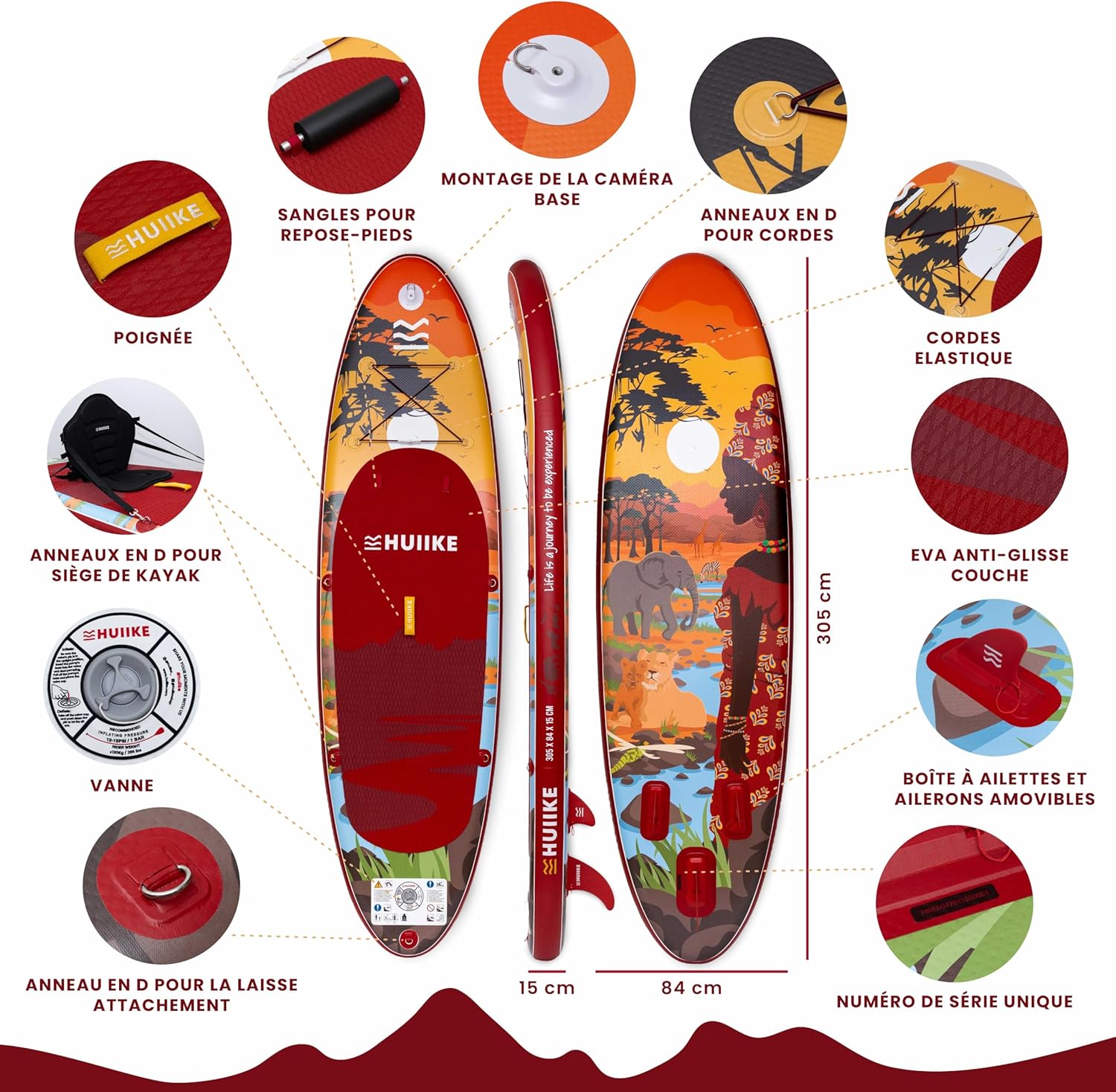 HUIIKE - Paddle gonflable adulte, 305x84x15cm, accessoires inclus, 130kg
