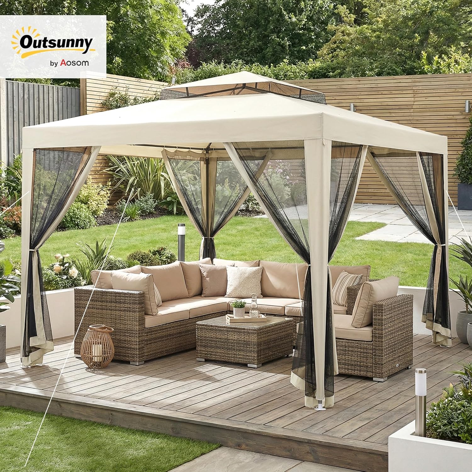 Outsunny - Tonnelle Barnum Jardin - 3x3m - moustiquaires, double toit, beige