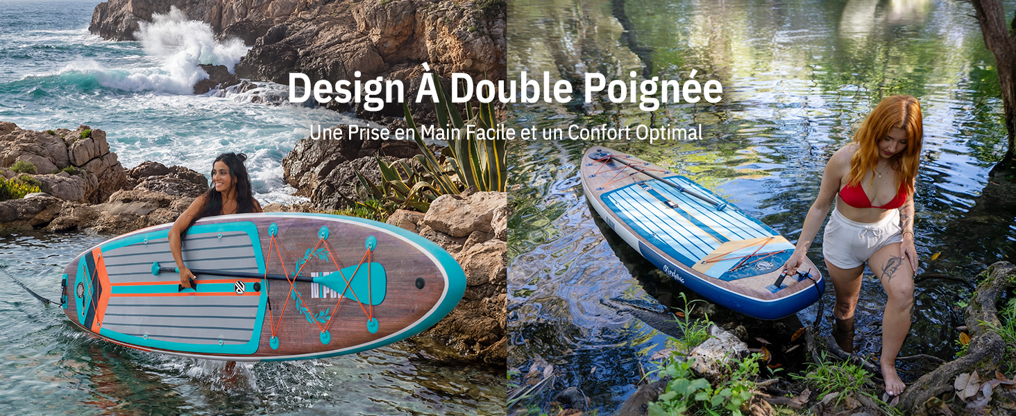 Le texte se lit comme suit : « Design A Double Poignée ». Image composite montrant deux bateaux de pêche bleus et rouges sur l'eau avec des personnes, positionnés près de la végétation et au bord de l'eau.