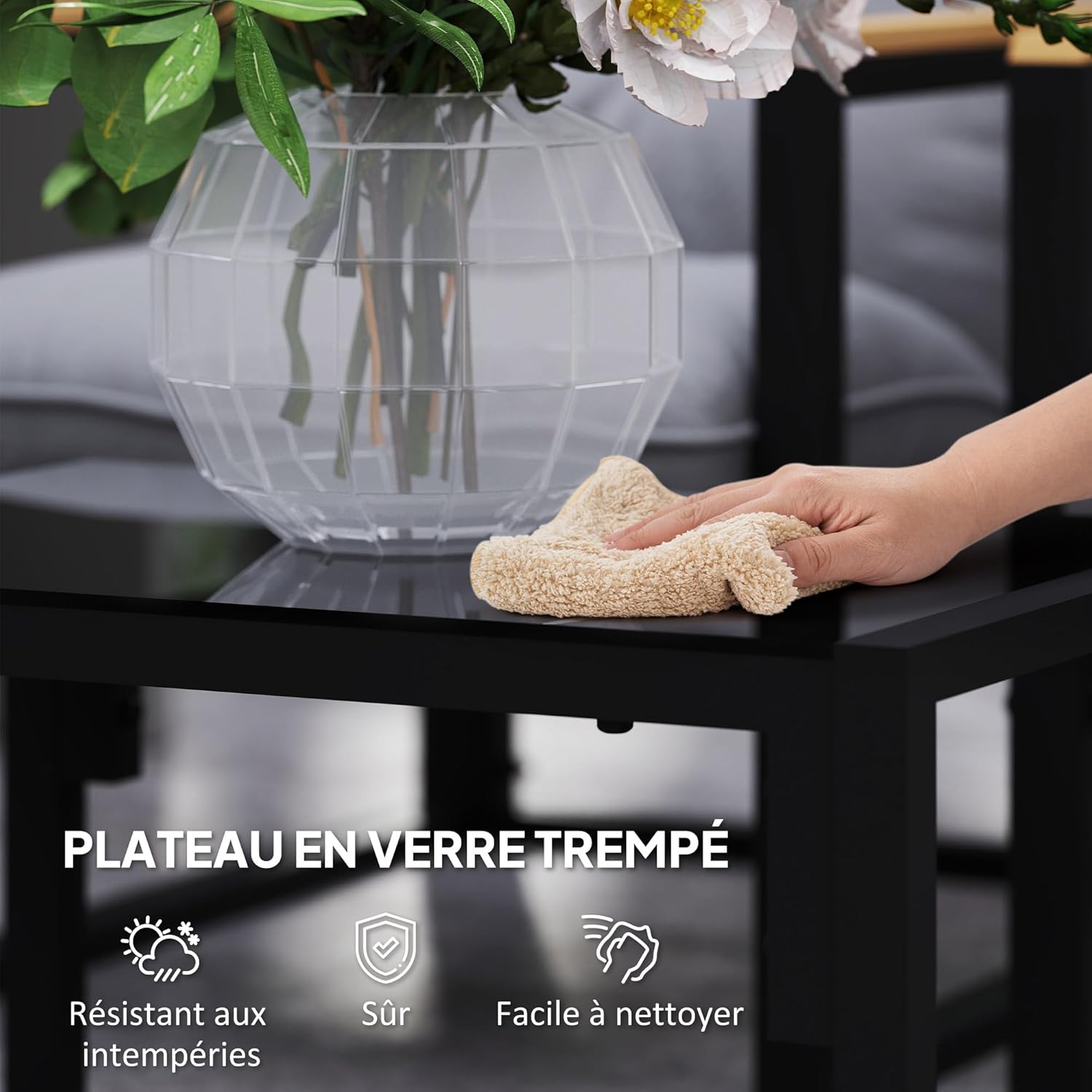 Outsunny - Salon de jardin 4 places - canapé, 2 fauteuils, table en verre, coussins inclus, gris