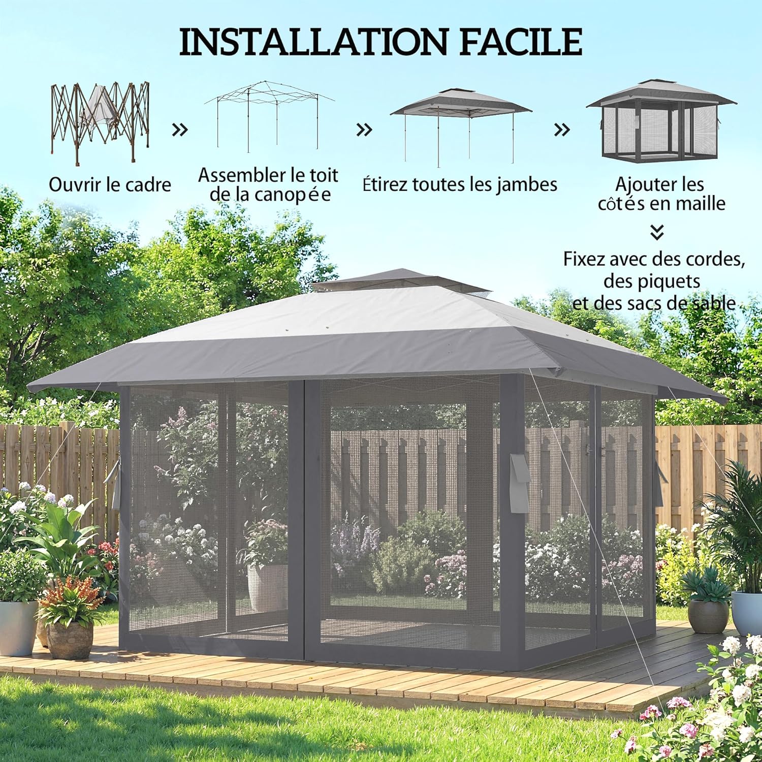 Outsunny Tonnelle de Jardin 4 x 4 m Pop up Tente Pliante réglable en Hauteur Protection UV30+ tonnelle Pliante avec Double Toit 4 parois en Maille 4 Sacs de Sable Sac de Transport Montage Facile Gris
