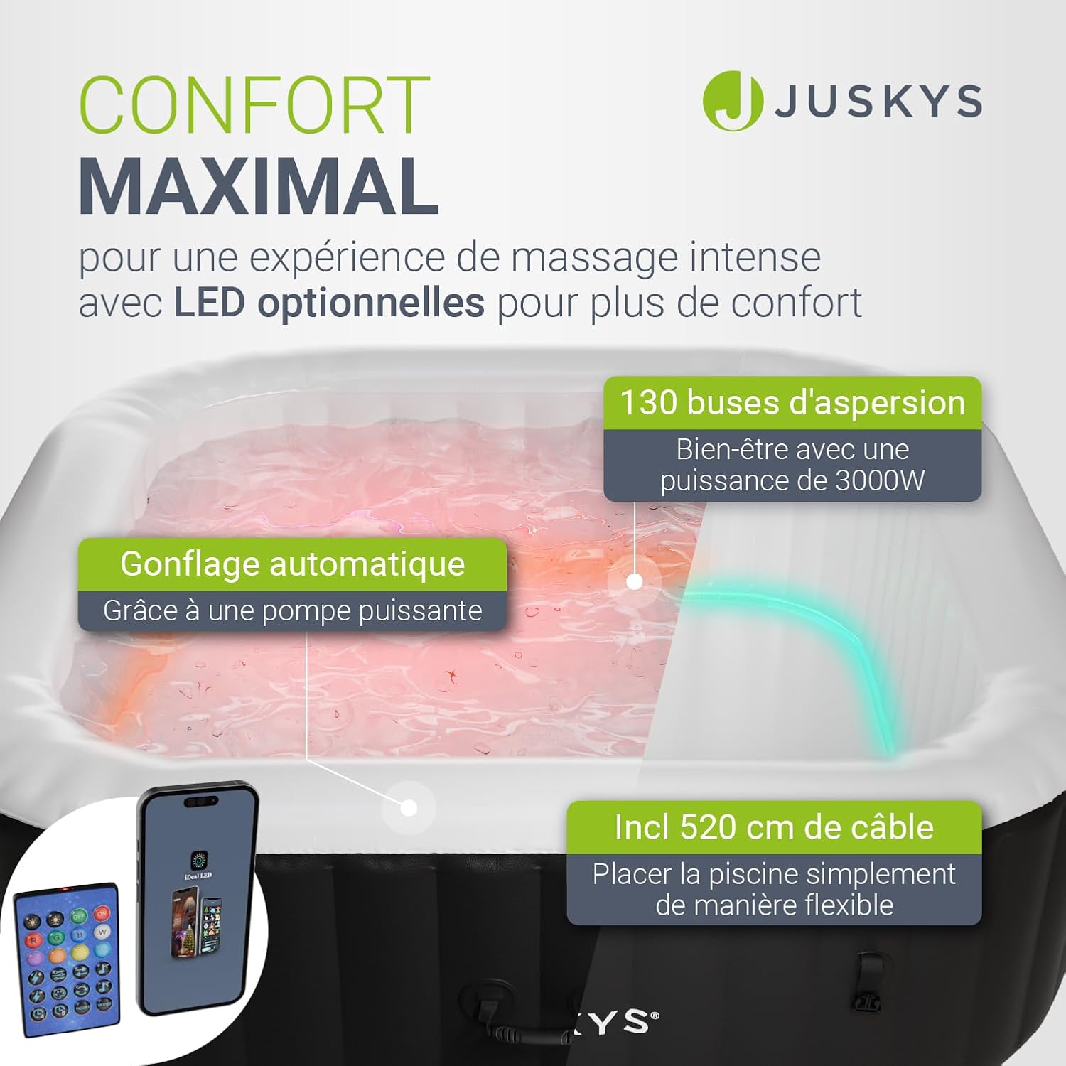 JUSKYS® Bain bouillonnant SpaLuxe – Structure extérieure, 130 Buses, Puissance Totale 3000 W, éclairage LED Noir/Blanc
