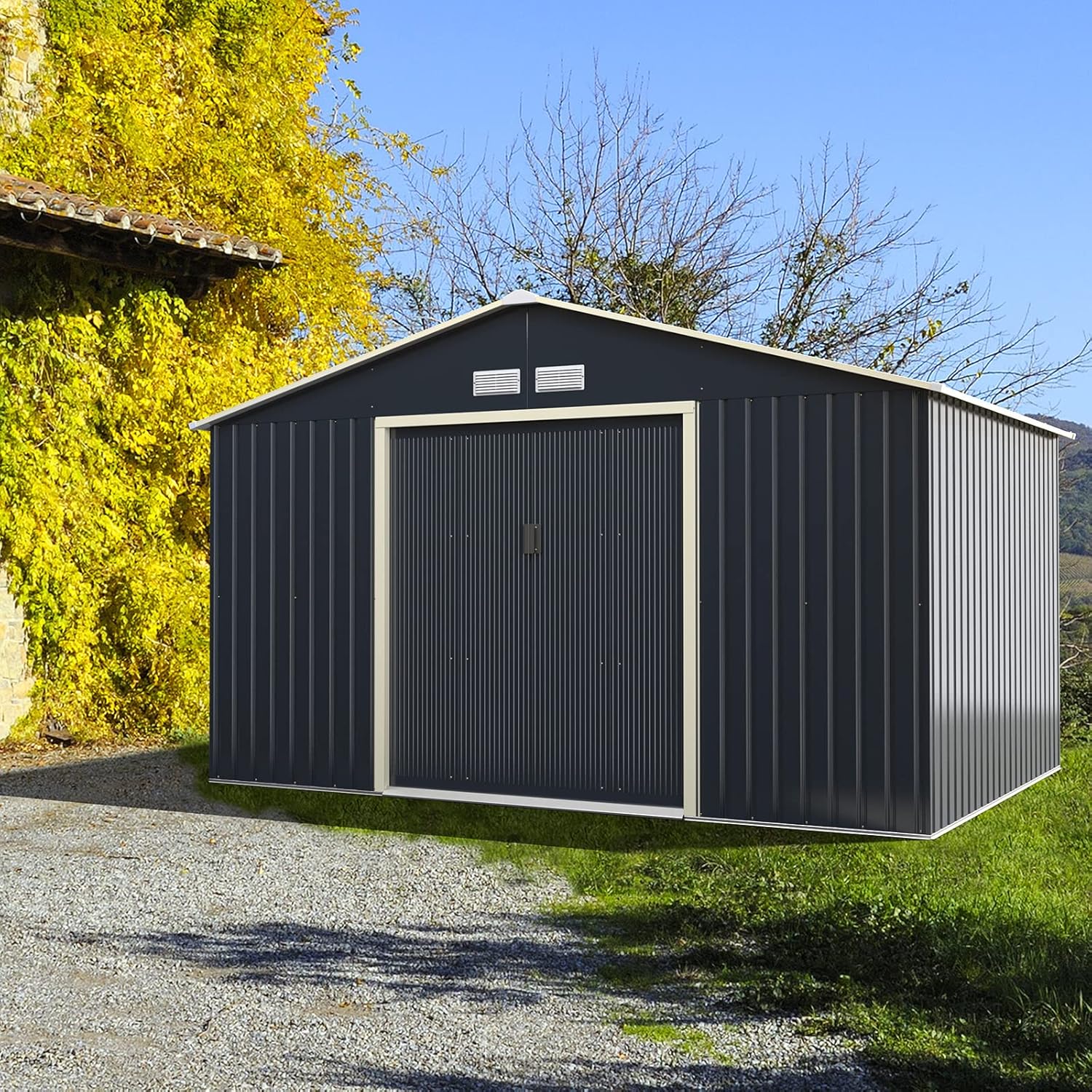 COSTWAY - abri de jardin métal, 340x255x210cm, 2 portes, aération, toit pentu
